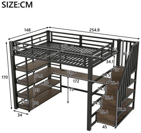Ulife Hochbett Metall-Hochbett 140x200 mit Treppe, Schreibtisch, USB & LED