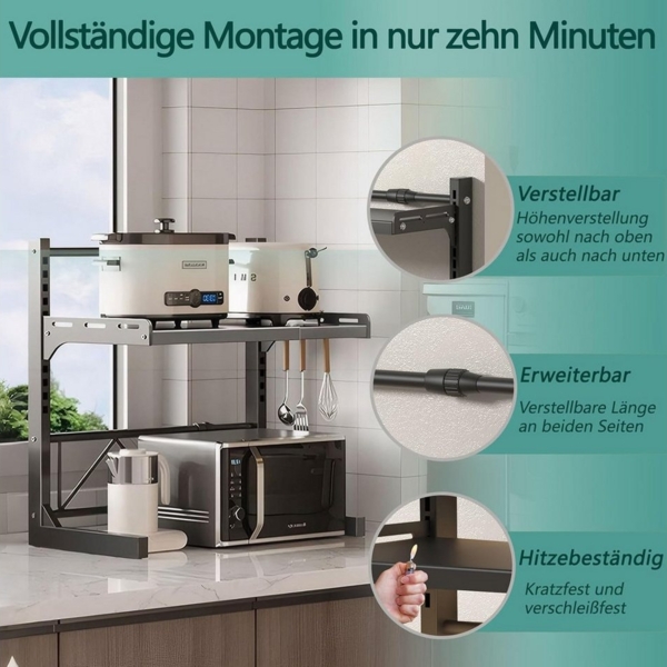 MODFU Küchenregal Multifunktionales Mikrowellenregal Haushaltsregal, höhenverstellbar mit Haken Anti-Rutsch Füße 1-tlg, rostfrei pflegeleicht für Mikrowelle Mini-Ofen Reiskocher Bild 3