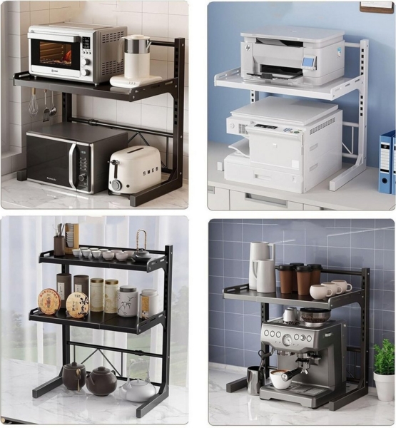 MODFU Küchenregal Multifunktionales Mikrowellenregal Haushaltsregal, höhenverstellbar mit Haken Anti-Rutsch Füße 1-tlg, rostfrei pflegeleicht für Mikrowelle Mini-Ofen Reiskocher Bild 2