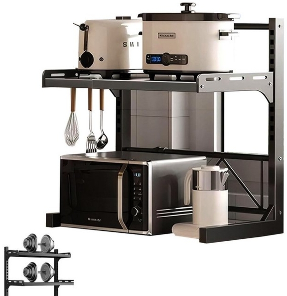 MODFU Küchenregal Multifunktionales Mikrowellenregal Haushaltsregal, höhenverstellbar mit Haken Anti-Rutsch Füße 1-tlg, rostfrei pflegeleicht für Mikrowelle Mini-Ofen Reiskocher Bild 4