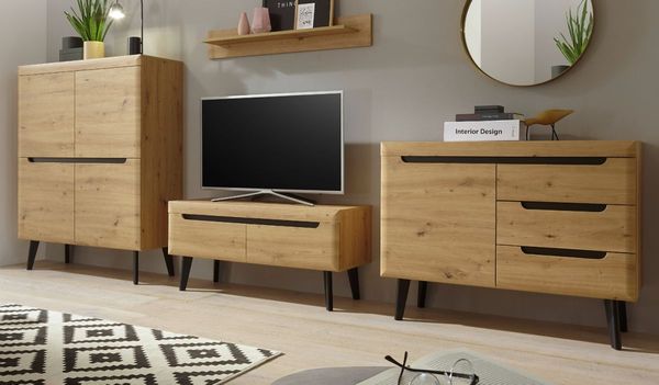 Wohnwand 4-teilig Ronson in Eiche Artisan und schwarz 361 x 170 cm