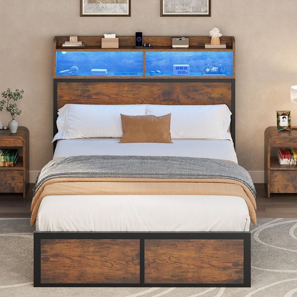 YITAHOME Bettgestell LED mit Kopfteil USB-Anschlüsse und Ladeausgänge Metallplattform-Bettgestell mit 2 Regalböden,Keine Matratze erforderlich,Braun 200X120CM