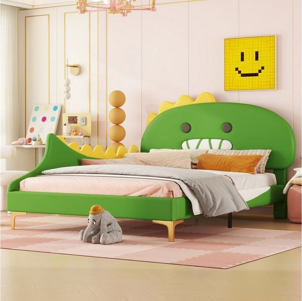 Flieks Polsterbett, Kinderbett 140x200cm mit Cartoon Dinosaurier Form Kopfteil Kunstleder