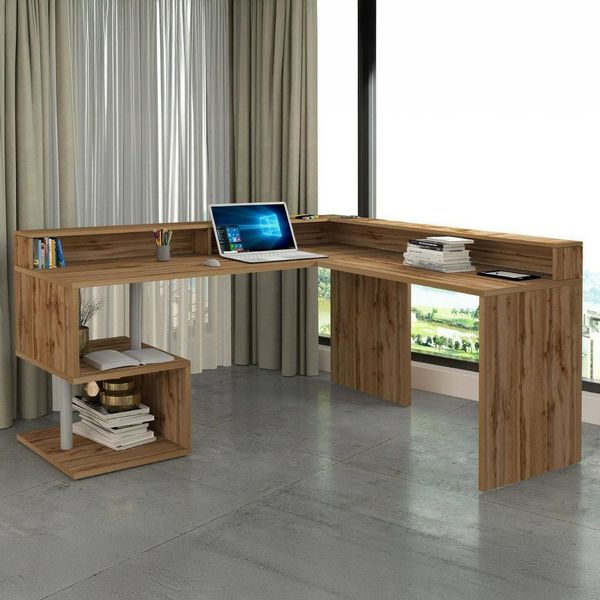 Dmora - Schreibtisch Sansone, Eckschreibtisch mit Ablagefächern, Mehrzweck-Büroschreibtisch mit Platte, 180 x 92,5 x 160 cm, Eiche