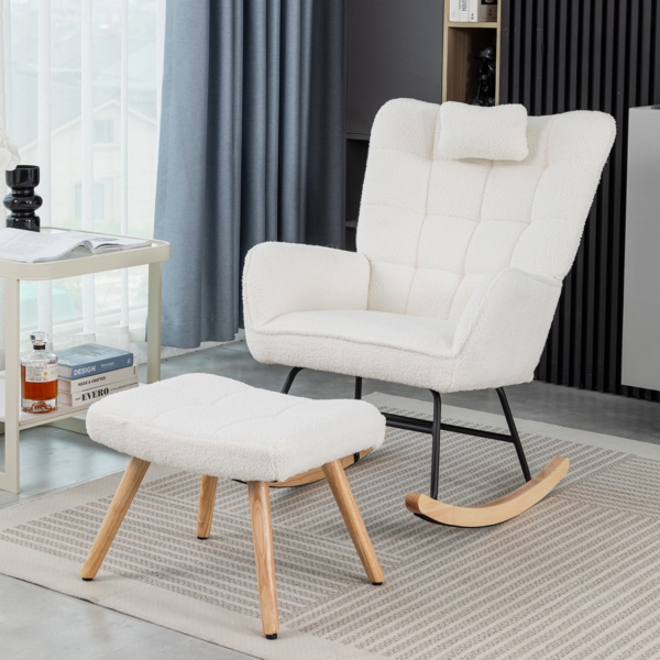 Schaukelstuhl Weiß mit Fußhocker, Teddy-Fleece, Gummibaumholz, breiter Sitz 65 cm, Kopfstütze, stabiler Relaxstuhl