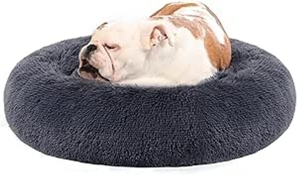 Feandrea Hundebett flauschig, Katzenbett, Donut Kissen, waschbar, Polsterung in der Mitte herausnehmbar, langer Plüsch, 80 cm Durchmesser, dunkelgrau