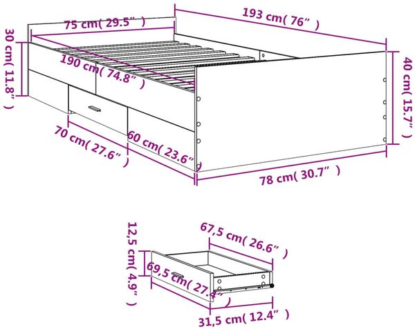 vidaXL Bettgestell mit Schubladen Schwarz 75x190 cm Holzwerkstoff 3280350 Bild 11
