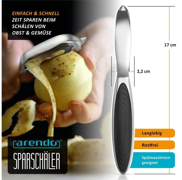 Arendo Sparschäler Profi Pendelklinge für Kartoffeln, Spargel, Obst & Gemüse, (1-tlg, mit integriertem Ausstecher), Scharfer Universalschäler rostfrei, beidhändig & spülmaschinengeeignet