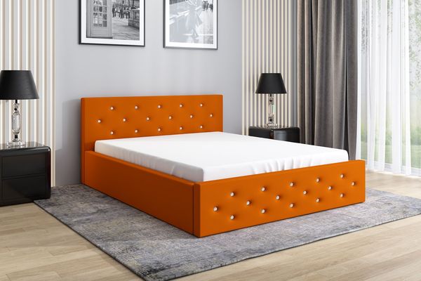 Polsterbett VALI 180x200 mit Matratze, Bettkasten und Lattenrost. Farbe: Orange 17