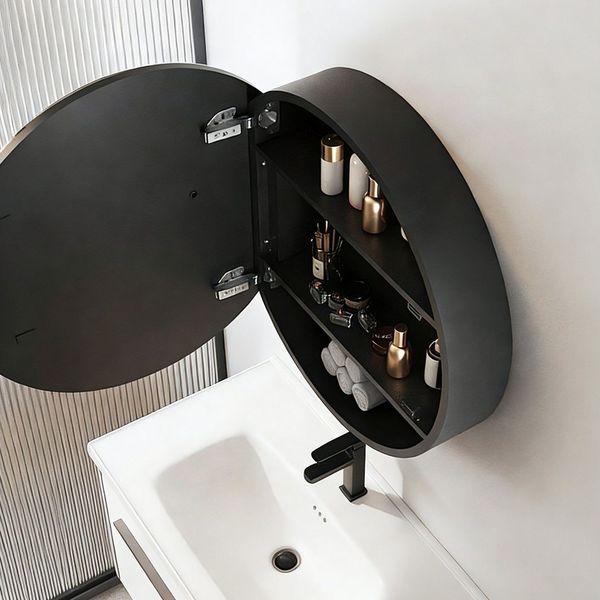 WDWRITTI Spiegelschrank Metall Rund 80cm 60cm Badezimmerspiegelschrank mit LED 3Lichtmodi (Wandschrank Hängeschrank Schwarz, Helligkeit dimmbar, Anti-fog, Speicherfunktion) 2 Installationsmethoden, mit Netzadapter. 1,5m Kabel