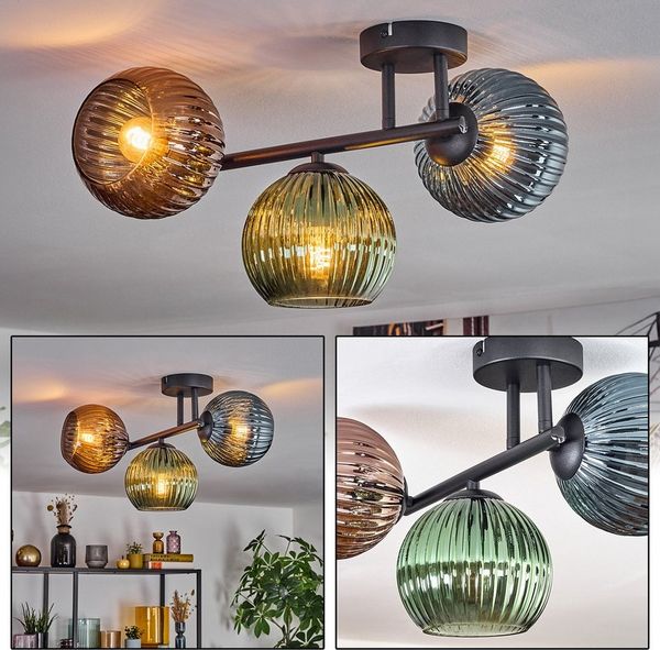 hofstein Deckenleuchte Deckenlampe aus Metall/Riffelglas in Schwarz/Grün/Blau/Kupferfarben, Deckenleuchte im Retro/Vintage-Design (Schirme Ø 15 cm), 3 x E14