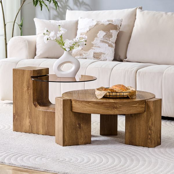 Couchtisch-Set rund, 2-teilig, H 44 x T 123 x B 61 cm, MDF in Eichenoptik & braun getöntes Sicherheitsglas