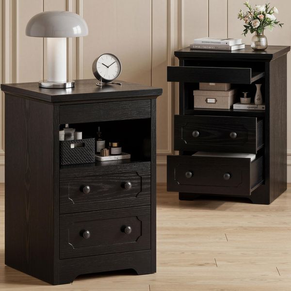 IRONCK Nachttisch 2er Set, Moderne Nachtkonsole mit 2 Schubladen, Offenem Fach, Beistelltisch mit Herausziehbarer Ablage, Holz-Nachttisch für Schlafzimmer, Wohnzimmer, Schwarz