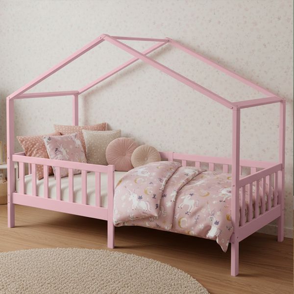 Bellabino 'Bia' Hausbett 90x200 cm, rosa, Kiefer Massivholz, Montessori Kinderbett mit Rausfallschutz und Lattenrost