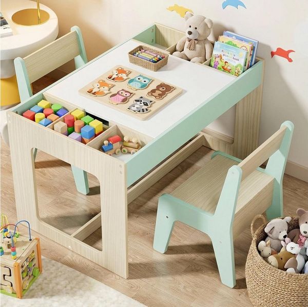 TLGREEN Kindertisch mit 2 Stühlen, Kindersitzgruppe (Kinder Tisch Stuhl Set mit wendbarer Tischplatte, 80 x 48 x 48 cm), Kinderschreibtisch für Schule, Kindertagesstätte, Kinderzimmer