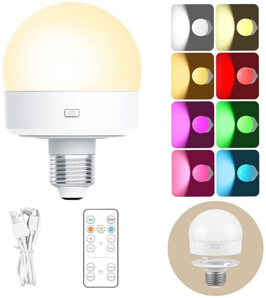 Jibenhome LED Nachtlicht USB Dimmbar LED Glühbirne, Schranklicht E27 Akku Aufladbar Batterie, RGB, Wiederaufladbare mit Fernbedienung & Timing