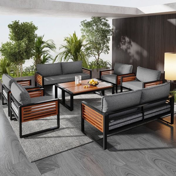OKWISH Gartenlounge-Set Gartenmöbel-Set mit Eisenrahmen, (Gartenmöbel-Set 8-teilig – Loungeset mit verzinktem Eisenrahmen, Akazienholz-Armlehnen, ergonomische Kissen, wetterfest, 2-tlg, 2x2-Sitzer-Sofa, 4 Einzelstühle, 2x Tisch)