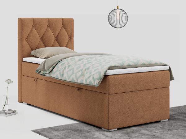 Boxspringbett ALDA, Einzelbett mit gestepptem Kopfteil und einem Bettkasten, 90x200 - Orange Stoff - links - H3