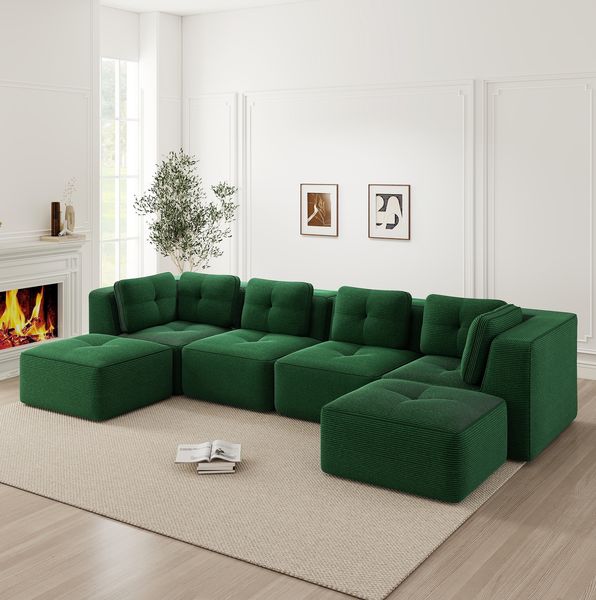 Modulares U-Sofa, Cord, mit Ottomane, 386 cm & kein Aufbau, 386 x 177 x 69 cm, Grün