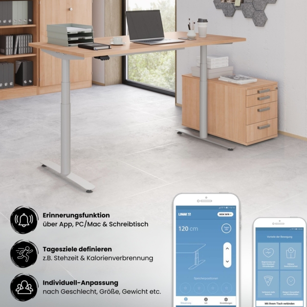 bümö elektrisch höhenverstellbarer Schreibtisch 160x80 cm mit Memory, Bluetooth & App-Steuerung - Schreibtisch höhenverstellbar elektrisch , elektrischer Schreibtisch Buche, Gestell silber, XDLR-16-6-S Bild 3