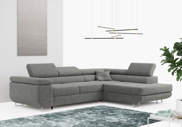 Ecksofa L-Form Couch mit Schlaffunktion und Verstellbare Kopfstützen - GUSTAW - Grau Boucle - Rechts