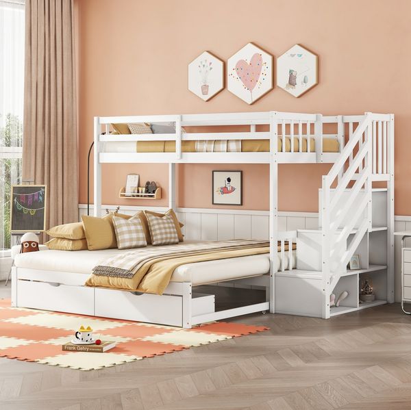 Ausziehbett 90/180×200 cm mit Schubladen und Treppe, Kiefernholz, Weiß – platzsparendes Etagenbett