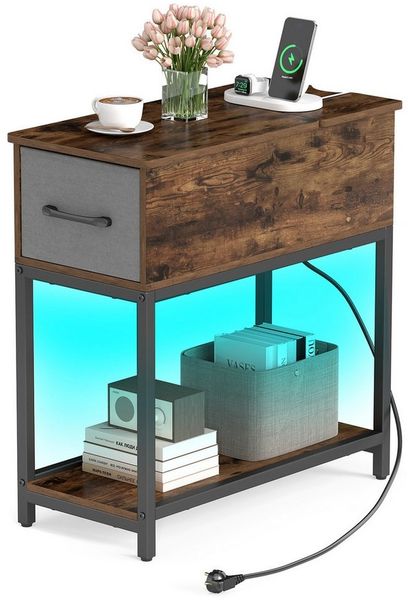 COSTWAY Beistelltisch, mit LED und Ladestation, Nachttisch schmal mit Schublade