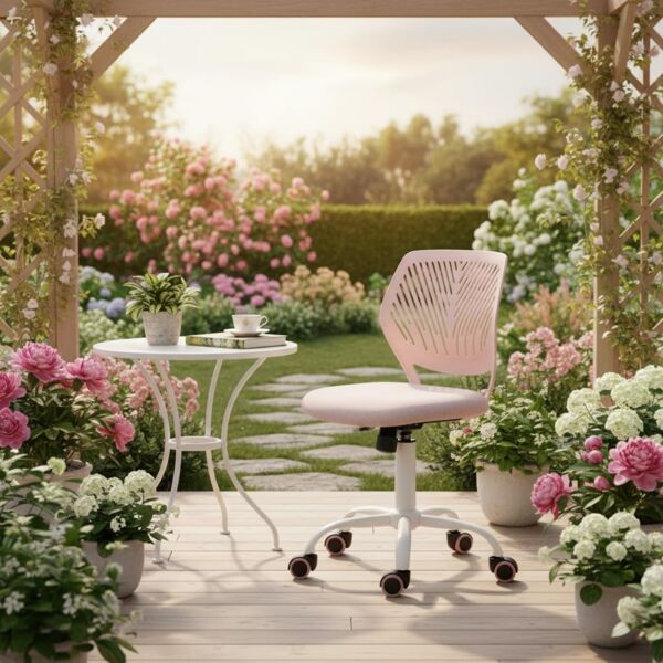 FurnitureR Lounge-Stuhl ergonomisch, höhenverstellbar, ohne Armlehnen, Netzrückenlehne, Sitzfläche 38x40 cm, Rückenlehne 32cm, Metallfuß mit Rollen, für Terrasse & Balkon, Morandi Rosa