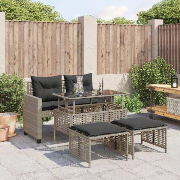 vidaXL 4-tlg. Garten-Sofagarnitur mit Kissen Hellgrau Poly Rattan Glas 368139