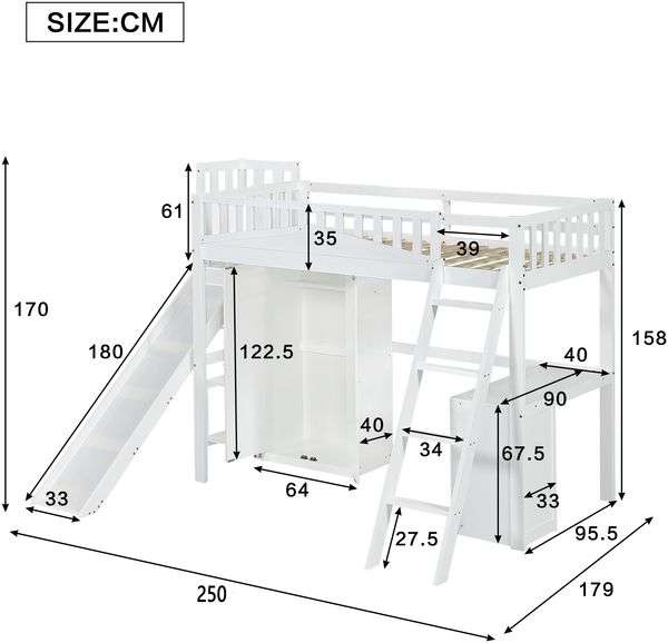 Etagenbett 90x200 cm – Kiefernholz & MDF, mit Rutsche, integriertem Tisch und Kleiderschrank, vierseitiger Rausfallschutz,Weiß Bild 4