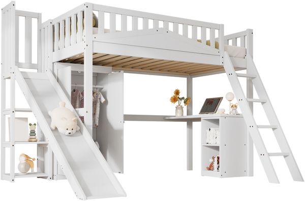 Etagenbett 90x200 cm – Kiefernholz & MDF, mit Rutsche, integriertem Tisch und Kleiderschrank, vierseitiger Rausfallschutz,Weiß Bild 5