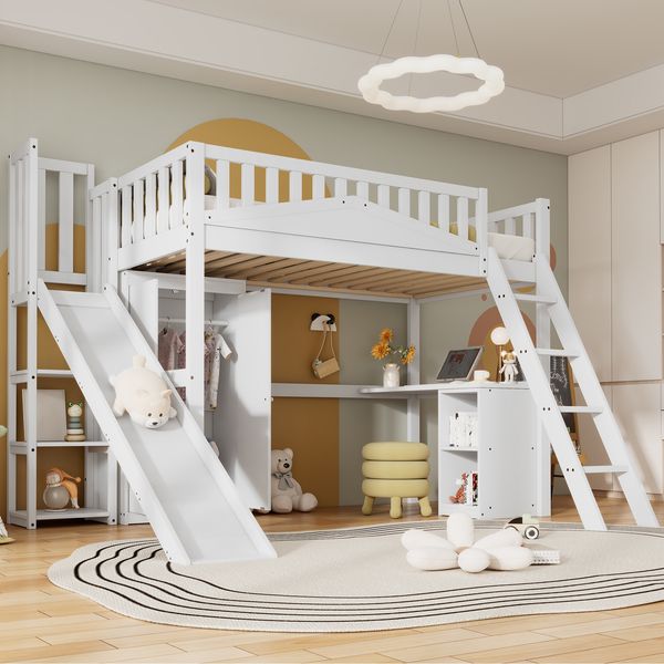 Etagenbett 90x200 cm – Kiefernholz & MDF, mit Rutsche, integriertem Tisch und Kleiderschrank, vierseitiger Rausfallschutz,Weiß