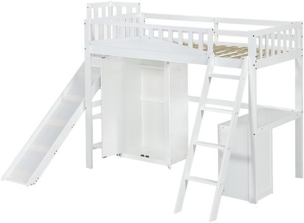 Etagenbett 90x200 cm – Kiefernholz & MDF, mit Rutsche, integriertem Tisch und Kleiderschrank, vierseitiger Rausfallschutz,Weiß Bild 7