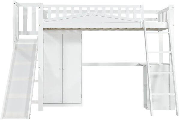 Etagenbett 90x200 cm – Kiefernholz & MDF, mit Rutsche, integriertem Tisch und Kleiderschrank, vierseitiger Rausfallschutz,Weiß Bild 6