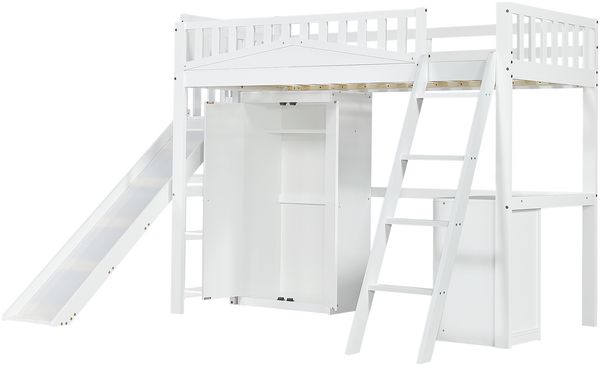 Etagenbett 90x200 cm – Kiefernholz & MDF, mit Rutsche, integriertem Tisch und Kleiderschrank, vierseitiger Rausfallschutz,Weiß Bild 9