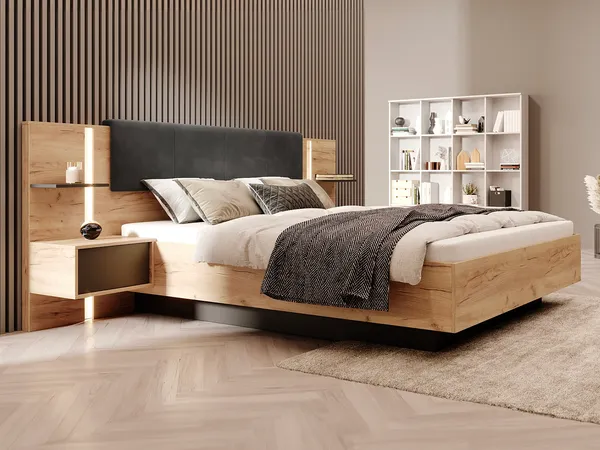 Vente-unique - ELYNIA Bett StoffHolz, Platte GrauBeige - B 210 cm x H 104,4 cm x L 256,4 cm