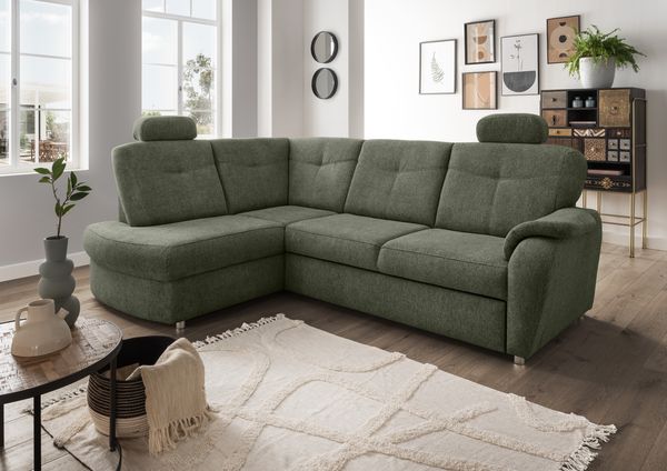 Ecksofa >Elli< Schlaffunktion, Stauraum, Kopfstützen, moosgrün - 264x92x180cm (BxHxT)