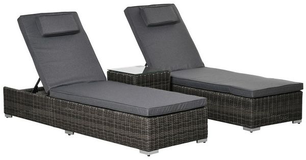 Outsunny Gartenliege Poly-Rattan Sonnenliege mit 6-Fach Verstellbarer Rückenlehne, Sonnenliege Set, 3 St, Grtenliegegruppe, Aluminium Grau 60 x 195 x 91 cm