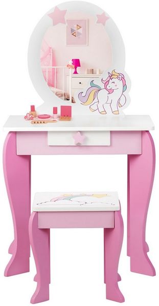 COSTWAY Kinderschminktisch mit Hocker, Schublade und Spiegel, Frisiertisch für Kinder rosa