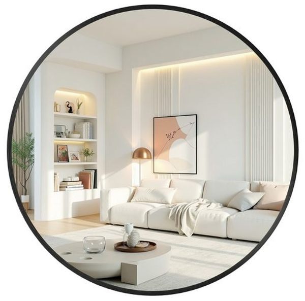 SONGMICS Wandspiegel, Spiegel rund, Metallrahmen, 80 cm d, für Bad, Wohnzimmer, Schlafzimmer, Flur, schwarz