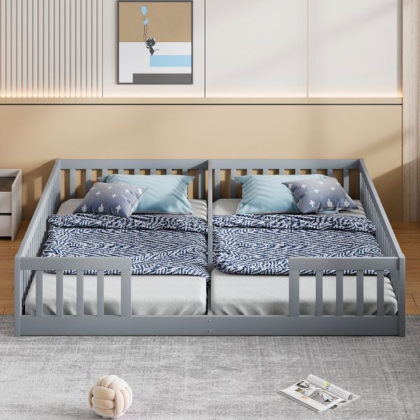 Paneelbett, 90 x 200 cm, Kinderbett mit Geländer, mit Lattenrost (ohne Matratze), für Familien mit zwei Kindern, Kiefernholz, Minimalistischer Stil, Grau