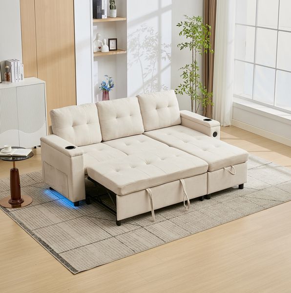 Schlafsofa mit Stauraum, USB-Anschluss & LED, 208x146x89,5 cm, Beige