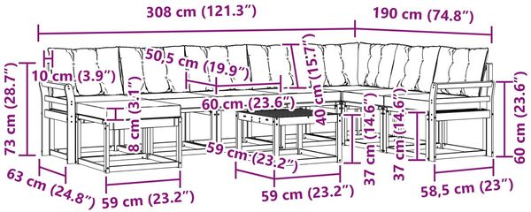 vidaXL Outdoor-Sofagarnitur mit Kissen 9 pcs Natürlich und Hellgrau 3368978 Bild 12