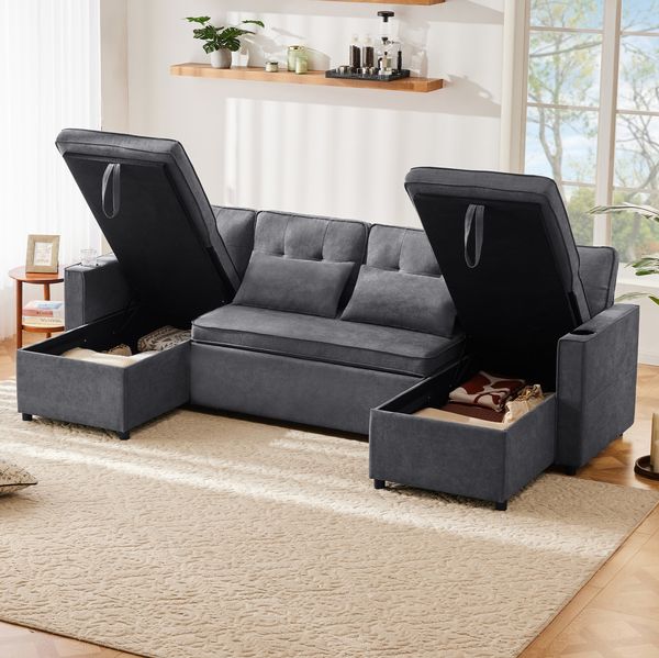 Schlafsofa 270x130x86 cm U-Form mit Stauraum, Getränkehaltern und 2 Kissen in Grau