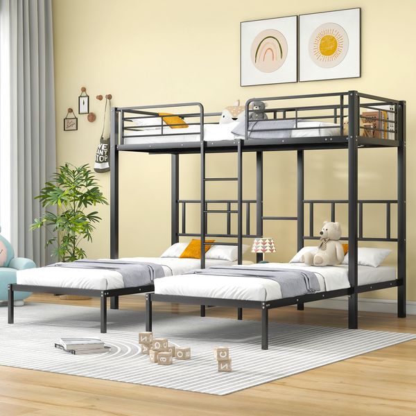 Dreifach-Etagenbett aus Metall mit Leiter & Tisch, 90x200 cm, Schwarz, ohne Matratze