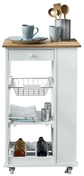 Nizza - Servierwagen mit viel Stauraum, Arbeitsfläche aus Bambus, Weiss lackiert, Landhausstil