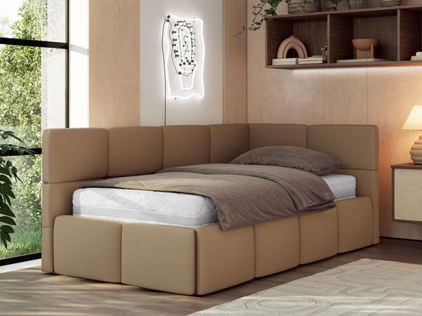 Jugendbett 90x200 ARVO Polsterbett mit Bettkasten, Stauraum & Gasdruckfeder, Modernes Design mit Kopfteil, Pocket Matratze - Braun Kunstleder - VIRE LUX - Rechts Seite
