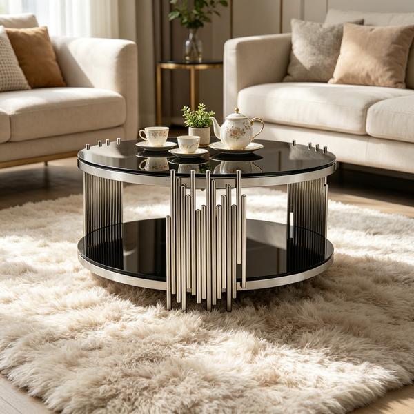 Couchtisch rund H 45 x T 80 x B 80 cm aus schwarzem gehärtetem Glas, 2 Ebenen, Edelstahlgestell in Silber