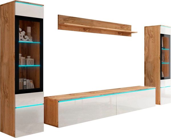 Home affaire Wohnwand VERA II, Vitrinen Türanschlag wechselbar, (Komplett-Set, 4-St), Mediawand 260 cm, Vitrine mit Verglasung, stehend und hängend