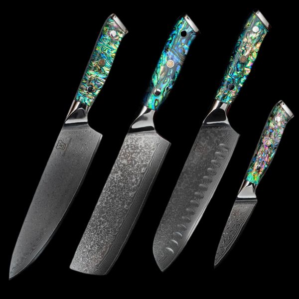 Küchenkompane Damastmesser Küchenkompane Santoku Sheru – 69 Lagen Damast – Abalone-Griff